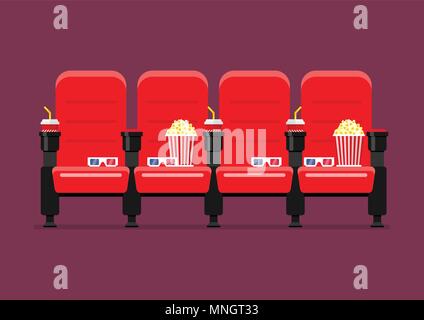 Rosso sedie Cinema illustrazione vettoriale con popcorn bevande e bicchieri Illustrazione Vettoriale