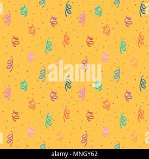 Seamless pattern di compleanno con un colorato coriandoli su sfondo giallo. Sfondo luminoso con una spirale di coriandoli per vacanza design. Illustrazione Vettoriale