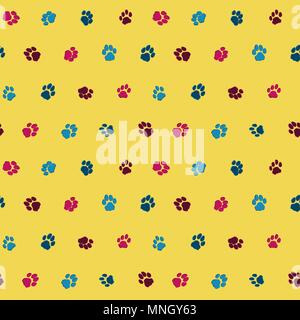 Funny seamless pattern con gatti di footprint su sfondo giallo per i bambini. Illustrazione Vettoriale