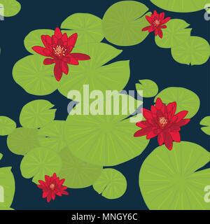 Red Lotuses nello stagno. Verde scuro Seamless pattern. Pianura sfondo scuro con il lago di ninfee. Ornamento infinito. Modello senza cuciture con acqua lili Illustrazione Vettoriale