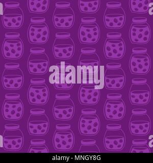 Dark seamless pattern con la confettura di prugne vasetti. Plain shadeless sfondo viola con prugne per la decorazione o di sfondo. Illustrazione Vettoriale