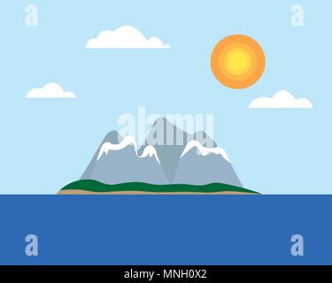 Isola tropicale con colline e montagne innevate, in mezzo al mare sotto un cielo blu con sole e nuvole - design piatto vettore Illustrazione Vettoriale