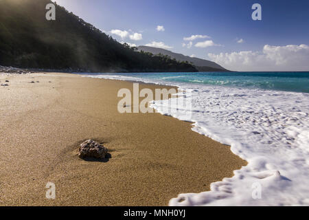 Colorato alba mediterranea sul mare con onde bianco vicino alla riva di sabbia Foto Stock