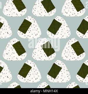 (Onigiri riso giapponese) a ricircolo di sfere con i semi di sesamo. Modello senza giunture. Asian snack. Il pranzo la texture. Triangolo di palline di riso con semi di sesamo avvolto con nori Illustrazione Vettoriale