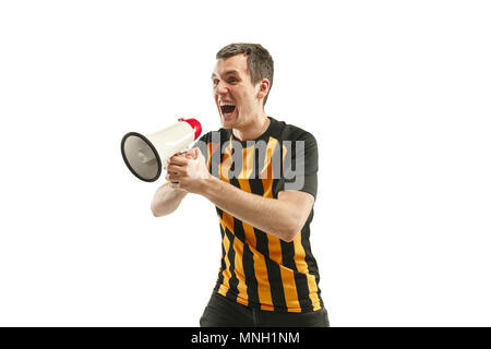 Il belga tifoso di calcio celebrando su sfondo bianco Foto Stock