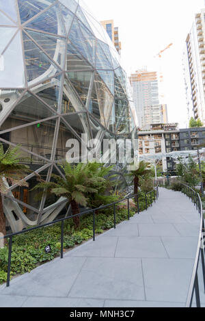 La società Amazon world headquarters in Seattle Washington nel sole pomeridiano, marciapiede ciclabile accanto le sfere. Foto Stock