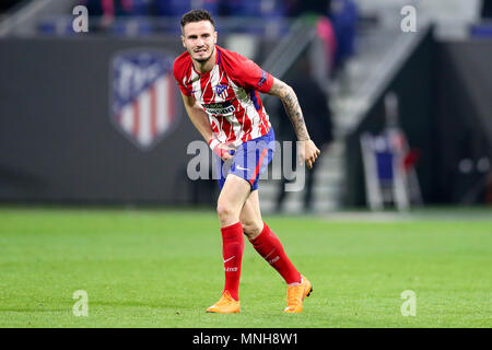 16 maggio 2018, Francia, Lione: Calcio, Europa League: Atletico Madrid vs Olympique Marsiglia al Groupama Stadium. Madrid Niguez Saul reagisce dopo qualche sgradita contatto a sfera. Foto: Jan Woitas/dpa-Zentralbild/dpa Foto Stock