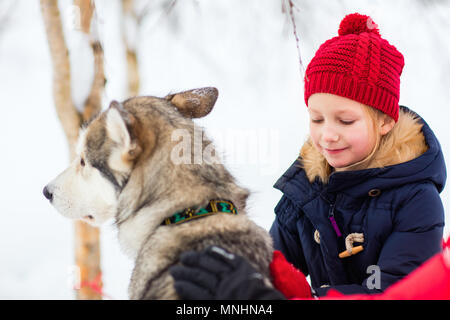 Adorabile bambina avente una coccola con husky sled dog in Lapponia, Finlandia Foto Stock