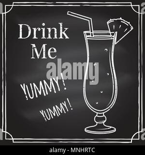 Drink me. Gli elementi sul tema del ristorante business. Chalk disegno su una lavagna. Per caffè o cocktail bar. Emblema di cocktail. Linea sottile icona - Illustrazione Vettoriale