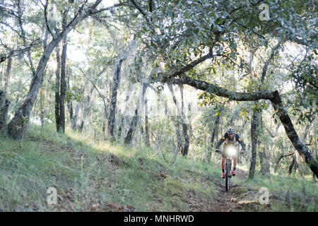 Vista anteriore dell'uomo equitazione mountain bike attraverso la foresta, Huasca de Ocampo, hidalgo, Messico Foto Stock