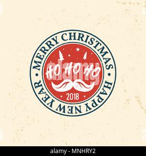 Buon Natale e Felice Anno Nuovo 2018 modello retrò con albero di Natale, baffi e testo Ho-Ho-Ho. Illustrazione Vettoriale. Xmas design per congratul Illustrazione Vettoriale