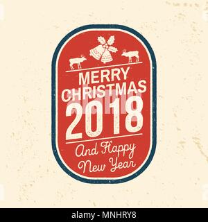 Buon Natale e Felice Anno Nuovo 2018 modello retrò con campane di Natale e le renne. Illustrazione Vettoriale. Xmas design per esempio schede di saluti, Illustrazione Vettoriale