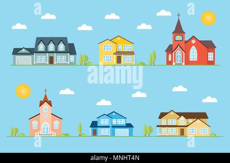 Quartiere con case e chiese illustrato su sfondo blu. Vettore icona piatta suburbana case americane giorno e notte. Per il web design e appl Illustrazione Vettoriale
