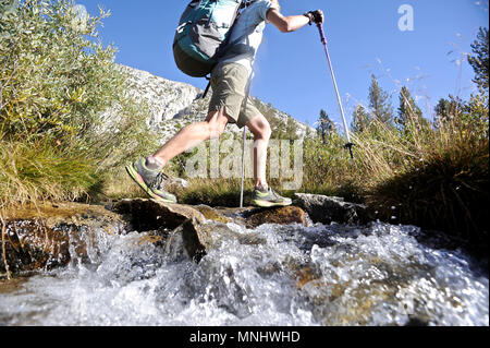 Backpacker flusso di attraversamento durante le escursioni verso il basso Mills Creek Valley su una di due settimane trek della Sierra Alta Via in John Muir Wilderness in California. Il 200-miglio percorso circa parallels il famoso John Muir Trail attraverso la Sierra Nevada gamma di California dal Kings Canyon National Park Parco Nazionale di Yosemite. Foto Stock