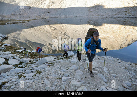 Backpackers escursione attorno orso bruno del lago in un due-settimana trek della Sierra Alta Via in John Muir Wilderness in California. Il 200-miglio percorso circa parallels il famoso John Muir Trail attraverso la Sierra Nevada gamma di California dal Kings Canyon National Park Parco Nazionale di Yosemite. Foto Stock