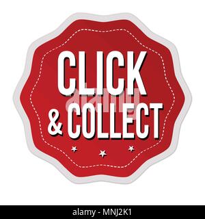 Fare clic su e raccogliere etichetta o un adesivo su sfondo bianco, illustrazione vettoriale Illustrazione Vettoriale
