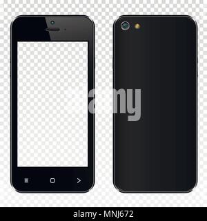 Realistico nero smartphone con schermo trasparente isolato su sfondo trasparente. Fronte e retro visualizzazione sul display. Illustrazione Vettoriale. Illustrazione Vettoriale