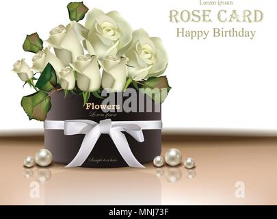 Rose bianche bouquet di fiori vettore scheda realistiche. Bellissimo sfondo floreale Illustrazione Vettoriale