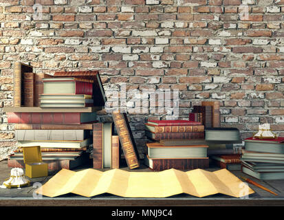 Vecchia carta e libri antichi sul tavolo da studio nel borgo medievale di scena, rendering 3D Foto Stock