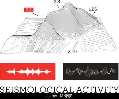 Attività sismica infographics illustrazione vettoriale con onde sonore, grafici e rilievo topologica Illustrazione Vettoriale