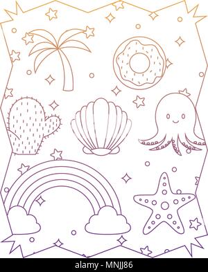 Astratta cornice con simpatici polpi e le relative icone pattern su sfondo bianco, illustrazione vettoriale Illustrazione Vettoriale