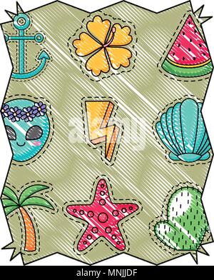 Astratta cornice con alien e palme tropicali pattern su sfondo, illustrazione vettoriale Illustrazione Vettoriale