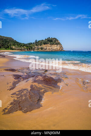 Sperone roccioso sulla spiaggia di Maitland Bay contro lo sfondo del punto Bouddi capezzagna, Bouddi National Park Central Coast, Nuovo Galles del Sud, Au Foto Stock