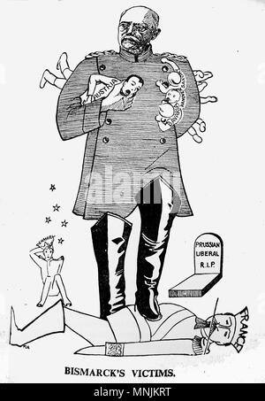 Otto von Bismarck (Otto Eduard Leopold, principe di Bismarck, duca di Lauenburg) 1815-1898, in un politico britannico cartoon - Bismarck stepping sulla Francia e la presa del bebè di Austria, Sassonia e Baviera & Hannover. Egli era un avvocato di trade & il primo Cancelliere dell'impero tedesco Foto Stock