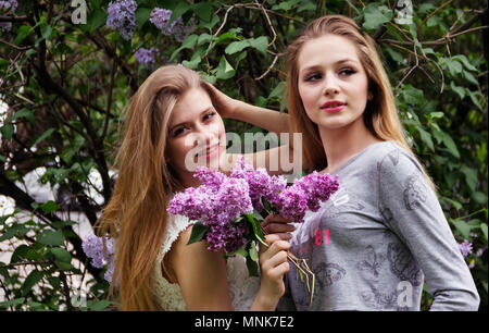 Due belle e carino teen ragazze in fioritura lilla. Foto Stock