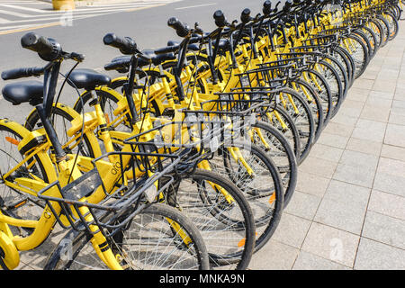 Pechino, Cina - 30 Aprile 2018: fila di biciclette giallo ,OFO free floating noleggio biciclette in Cina. Foto Stock