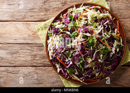 Vegetariano insalata di cavoli bianchi e cavoli rossi con carote conditi con olio di oliva close-up su una piastra. parte superiore orizzontale vista da sopra Foto Stock