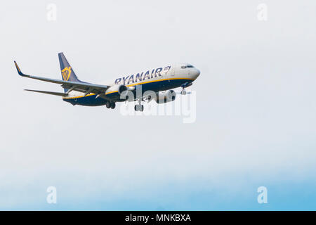 PISA, Italia - 15 gennaio 2017 - Una Ryanair Boeing 737-600 atterra all'Aeroporto di Pisa (Galileo Galilei) Foto Stock