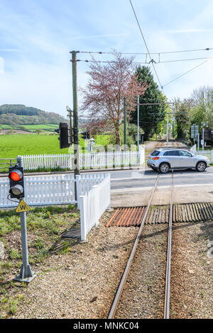 Luce rossa per tram (sulla strada incrocio Colyford) di The Seaton e distretto tramvia elettrica, Devon, Inghilterra. Foto Stock