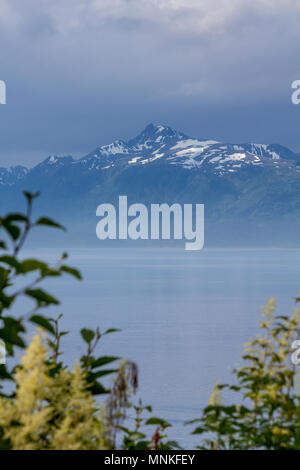 Sun le catture di neve e ghiaccio sulla cima delle montagne della penisola di Kachemak come visto da Omero su Kachemak Bay. La nebbia si blocca bassa sopra l'acqua. Foto Stock