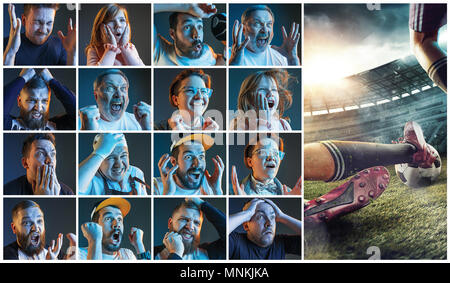 Collage su emozioni di tifosi guardare partite di calcio in tv Foto Stock