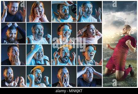 Collage su emozioni di tifosi guardare partite di calcio in tv Foto Stock
