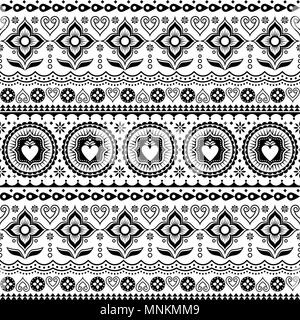 Carrelli indiano arte vettore seamless pattern, Pakistani carrello monocromatico design floreale con fiore di loto, foglie e forme astratte Illustrazione Vettoriale