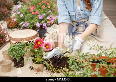 Una donna in guanti bianchi seduta in un cortile e piantare fiori in vaso Foto Stock