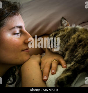 Un primo piano di un intimo guardare tra meravigliose persiano gatto tricolore, con incredibile pelliccia e una donna,con due anelli,con una luce naturale,su un letto Foto Stock