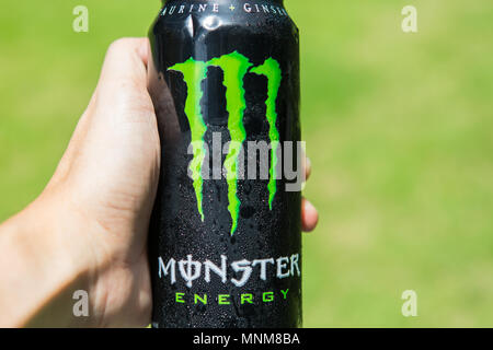 Una mano dell'uomo sta tenendo una bevanda di energia del mostro su sfondo verde Foto Stock