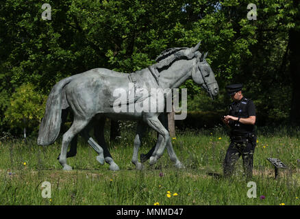 Windsor, Berkshire, Regno Unito . Il 17 maggio 2018. Un funzionario di polizia durante i preparativi in Windsor come una prova per il Royal Wedding tra S.A.R. il principe Harry (Galles) e Meghan Markle. Royal Wedding di prove, Windsor, Berkshire, il 17 maggio 2018. Credito: Paolo Marriott/Alamy Live News Foto Stock