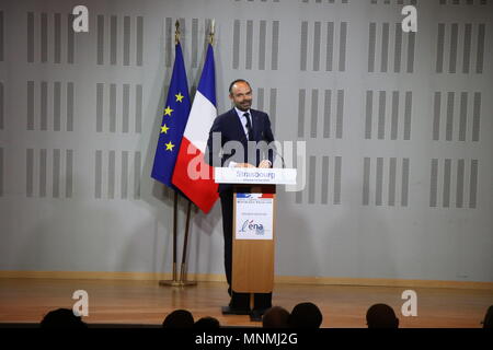 Strasburgo, Francia. 18 Maggio, 2018. Il Primo ministro francese Edouard Philippe parla durante una visita a ENA (Scuola nazionale di amministrazione) a Strasburgo. Credito: Elyxandro Cegarra SOPA/images/ZUMA filo/Alamy Live News Foto Stock