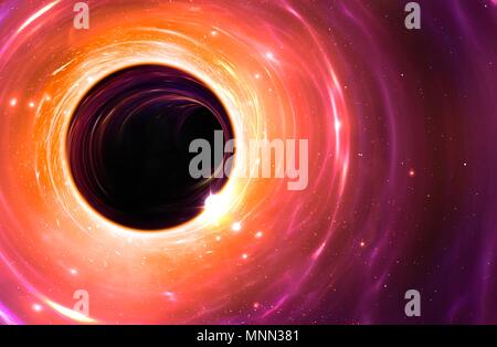 Buco nero, illustrazione. Un buco nero è un oggetto in modo compatto (di solito una stella collassata) che nulla può sfuggire alla sua forza gravitazionale. Neppure la luce. Questo buco nero è circondato da un disco surriscaldato di materiale, un disco di accrescimento, rendendolo visibile. La massiccia gravità è anche tirando in una vicina nube di gas, in alto a destra. Foto Stock