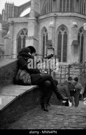 Tenendo selfies su Bonifatiusbrug (Bonifacio ponte): un vecchio ponte sul canal Bakkersrei all'angolo di Hof Arents (Arents Park), Brugge, Belgio Foto Stock