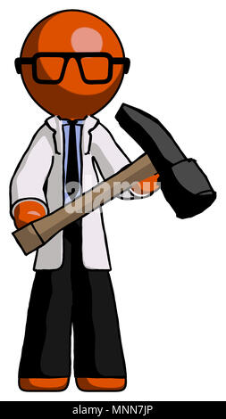 Orange medico scienziato uomo con un martello pronto a lavorare. Foto Stock