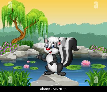 Cartoon skunk presentando sulla roccia Illustrazione Vettoriale