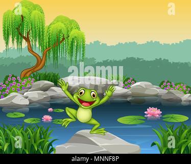 Cartoon happy frog jumping sulla roccia Illustrazione Vettoriale