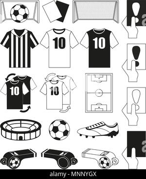 19 elementi di calcio in bianco e nero insieme Illustrazione Vettoriale