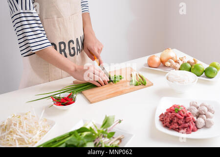 Femmina cuoco preparare la tradizionale zuppa vietnamita Pho bo con erbe aromatiche, carne e riso tagliatelle Foto Stock