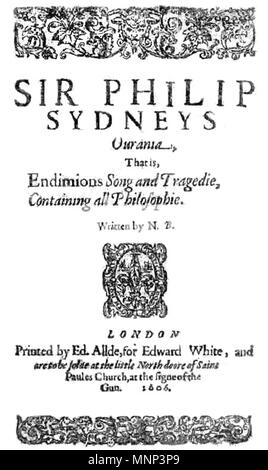 . Inglese: Titolo pagina di Nathaniel Baxter's Ourania (1606) . 1606. Stampante Edward Allde 950 Ourania pagina titolo Foto Stock